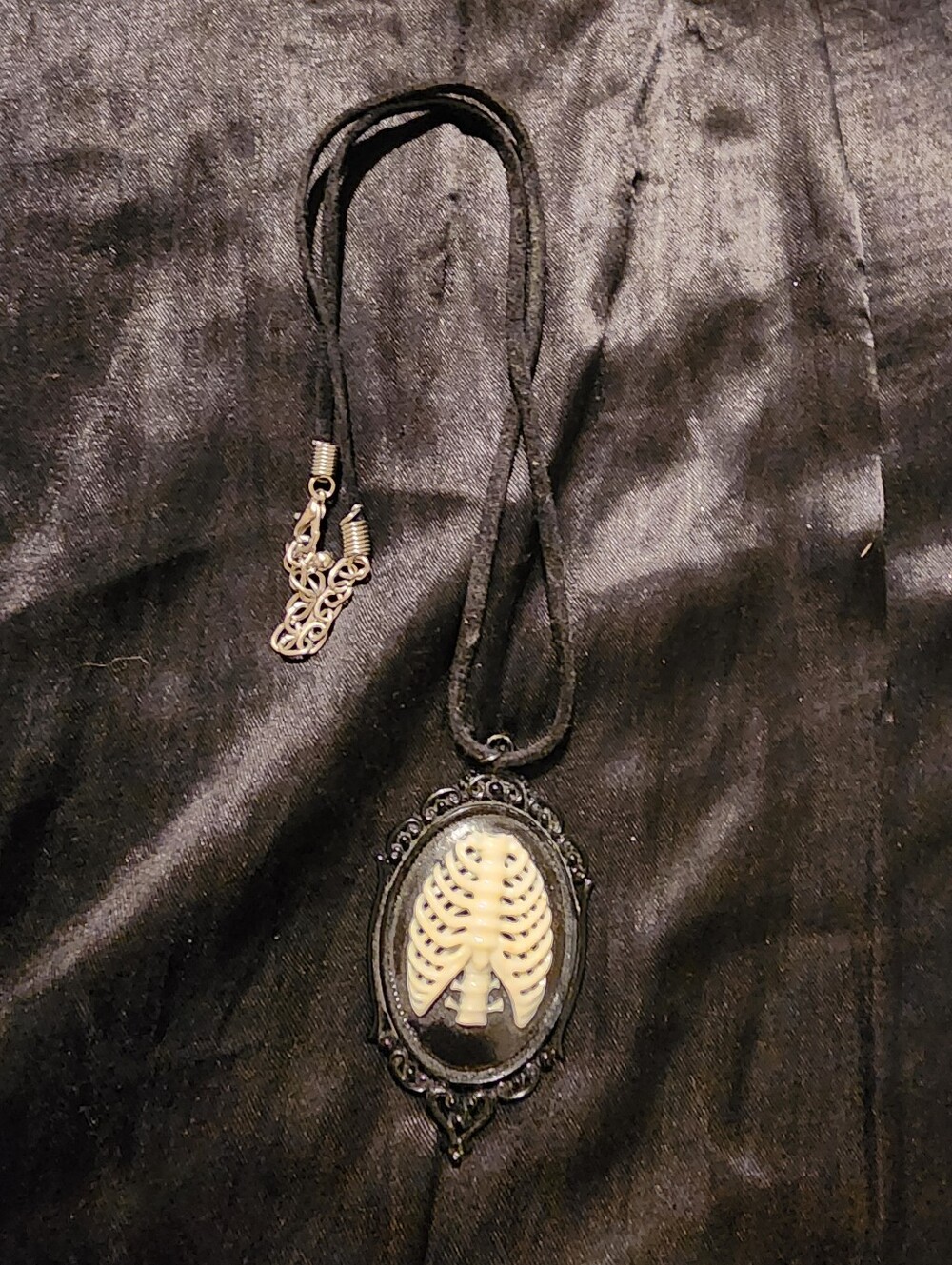 Black Skeleton Ribcage Victorian Style Cameo Necklace